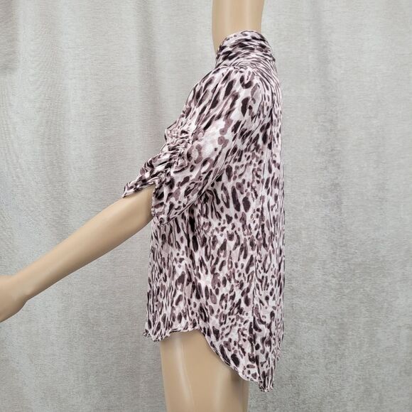 Maeve Anthropologie Pleated Animal Leopard Print Blouse Top Short Ruched Sleeves - Picture 7 of 13